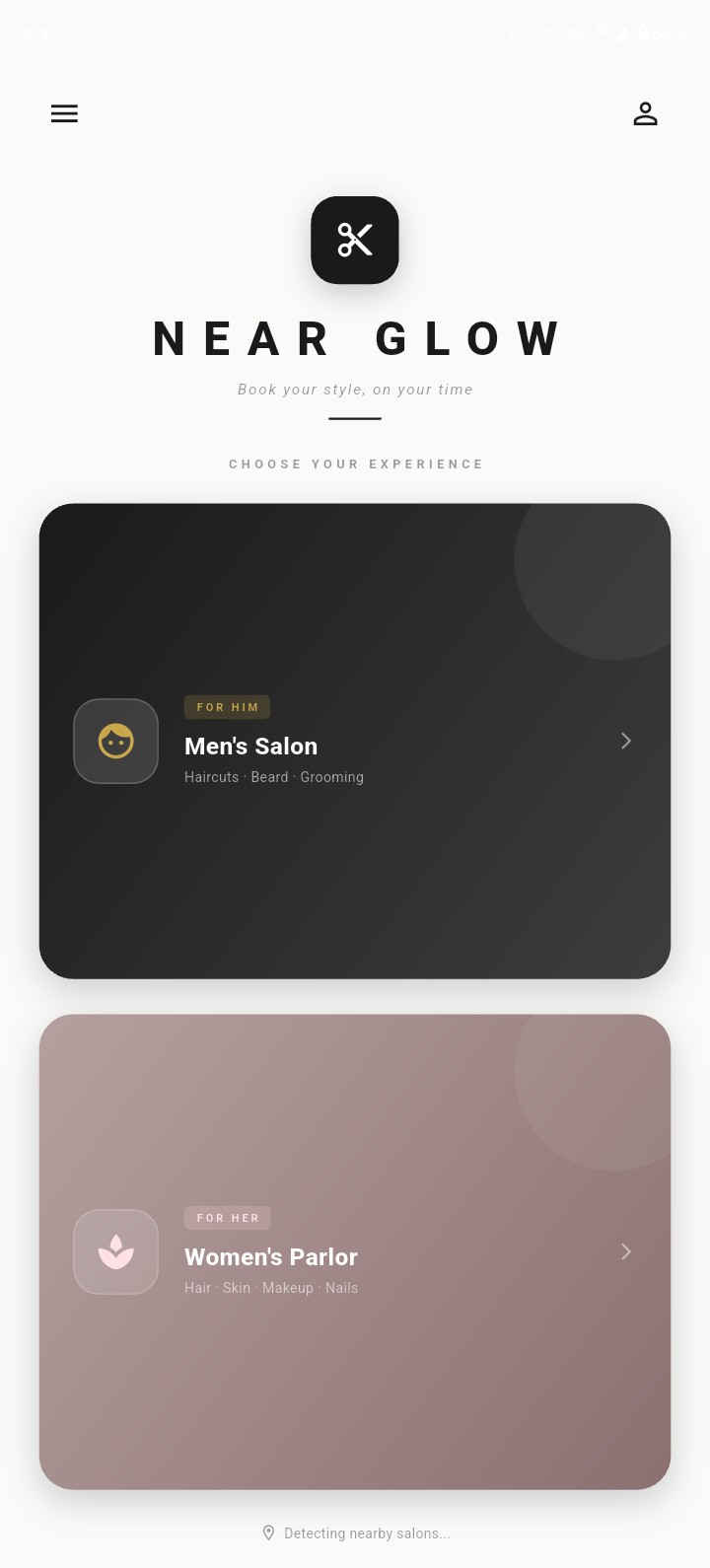 NearGlow men and women chooser screen